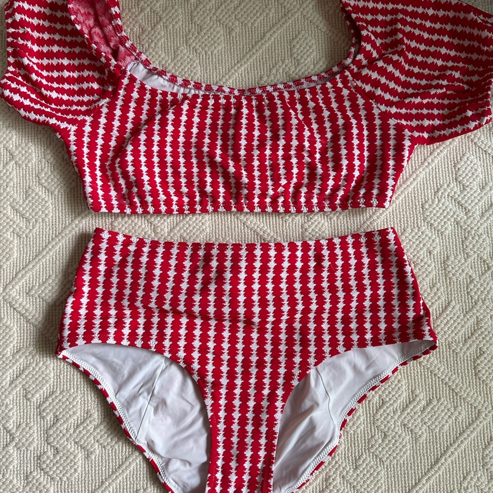 Lemlem Zala Pouf Top and High Waist Bottom Bikini in Red and White
